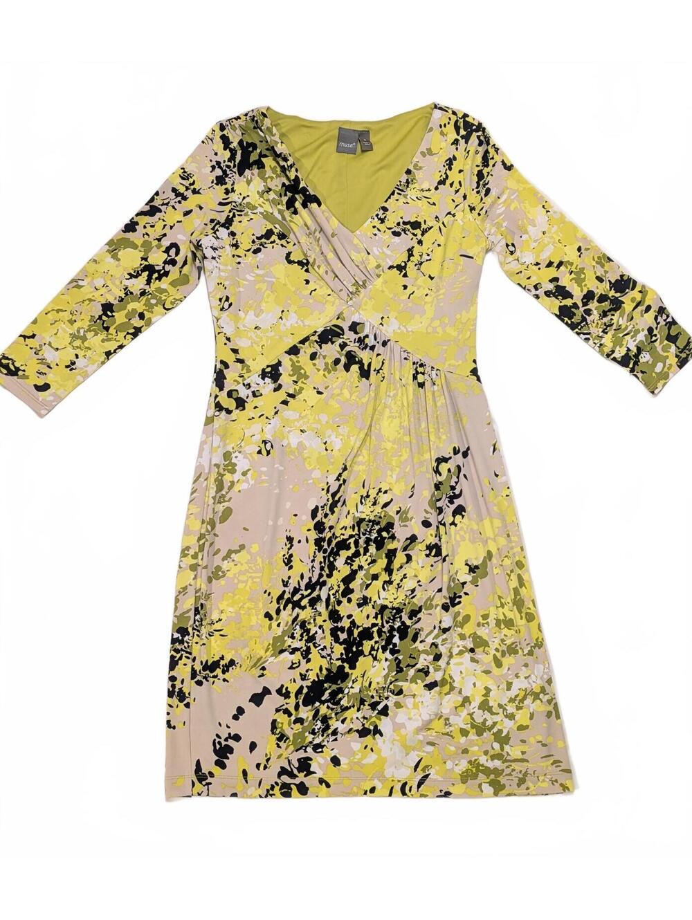 Muse Yellow Black Abstract Print V-Neck Faux Wrap Ruched Cocktail Dress Size 6